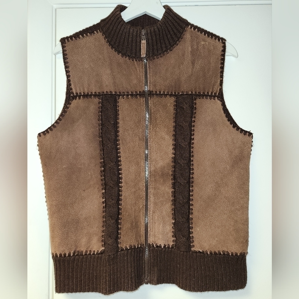 VINTAGE PLANET & COMPANY BROWN PATCH LEATHER CABLE KNIT ZIP SWEATER VEST SIZE M